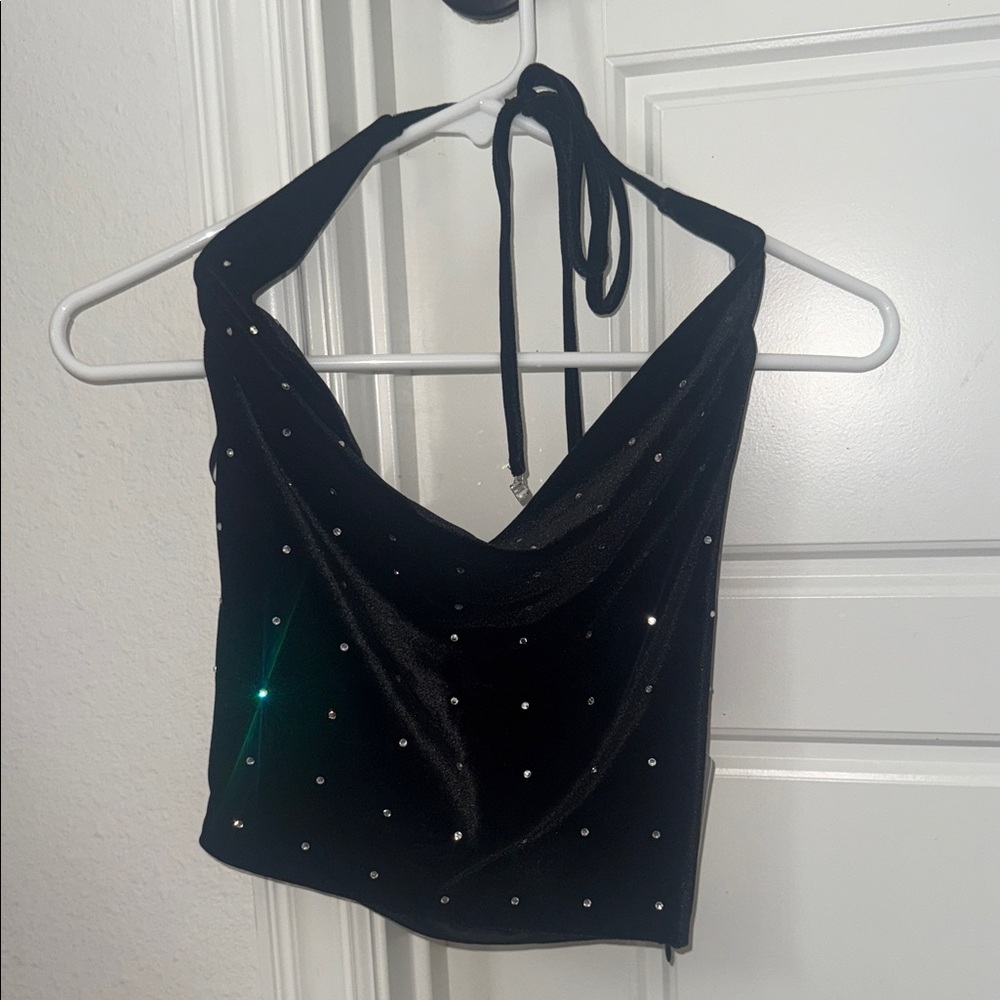 American Threads Black Rhinestone Crop Top